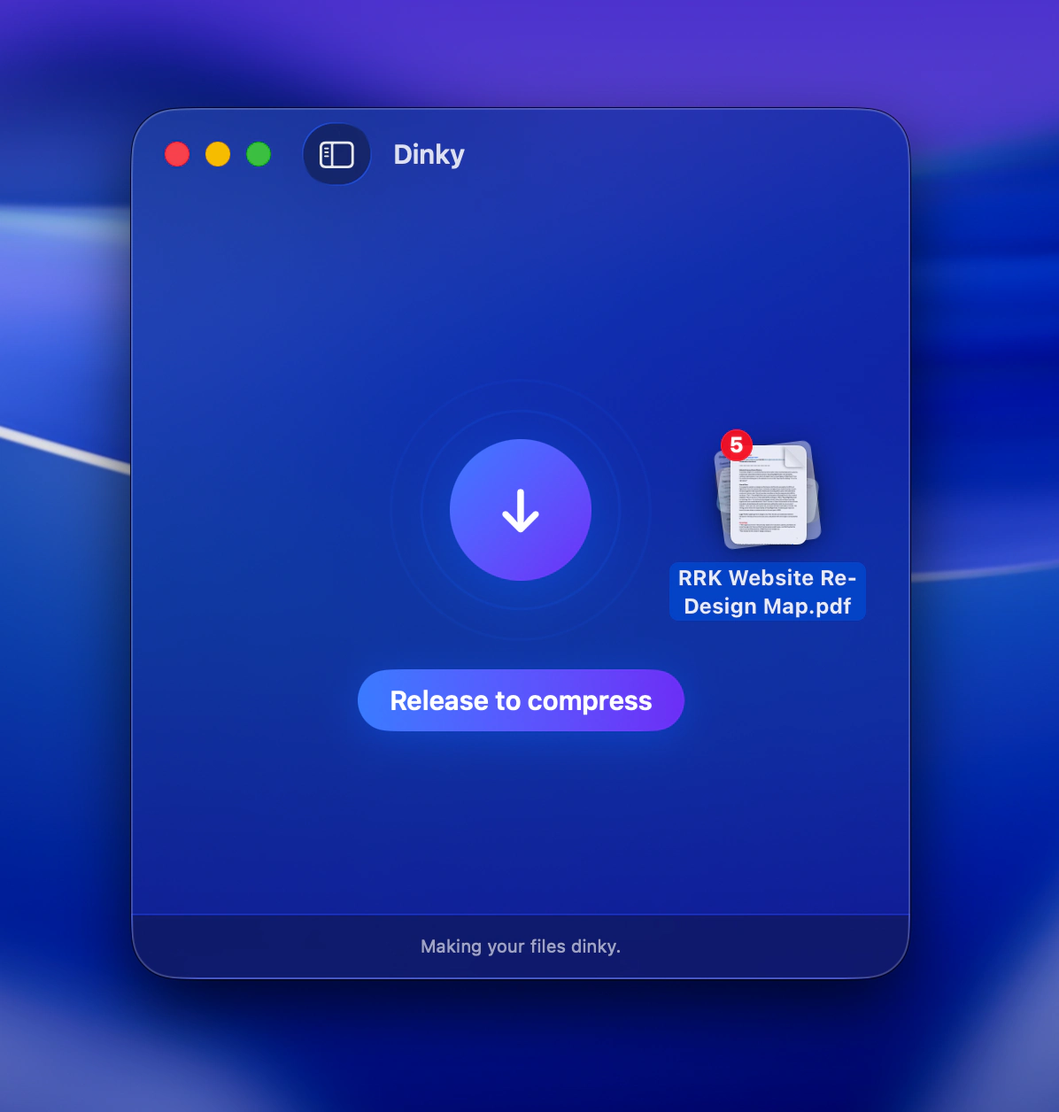 Dinky drop zone with a file being dragged in — Release to compress