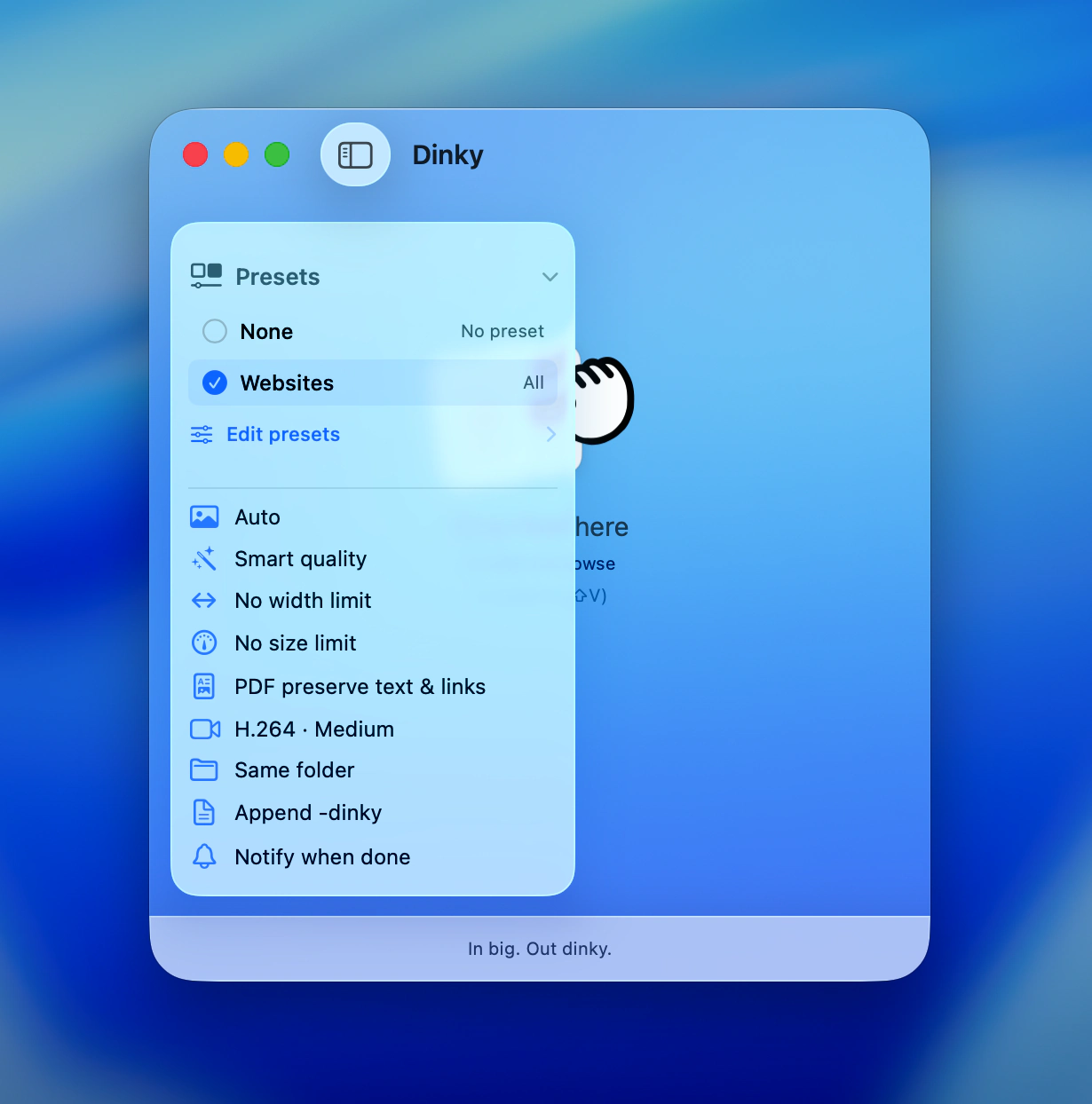 Dinky Websites preset selected with settings summary