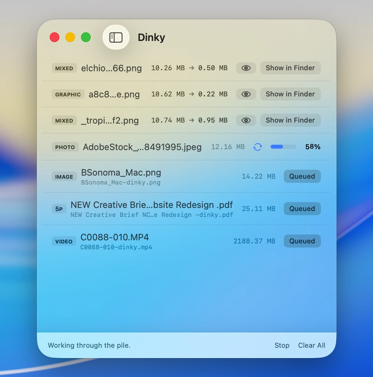 Dinky results list with batch processing and right-click format menu
