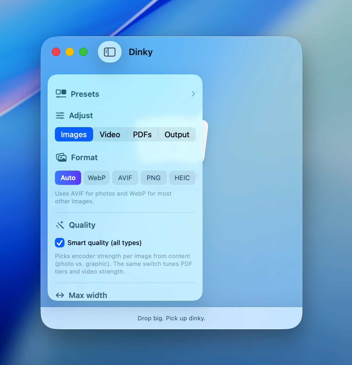 Dinky sidebar with presets, type tabs, and format picker