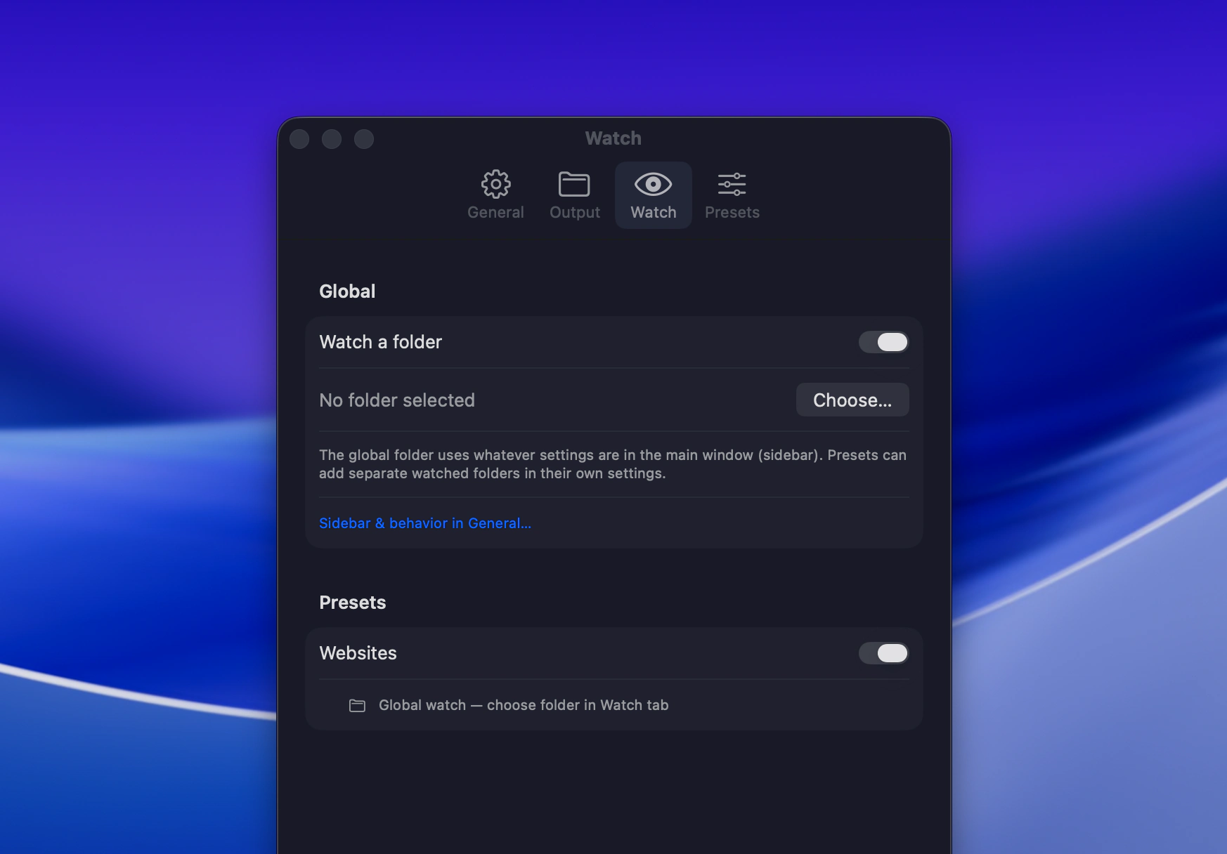 Dinky watch folder settings: global watch and per-preset watch folders